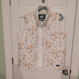 Lands' End Women's Cream Floral Quilted Zip Vest
